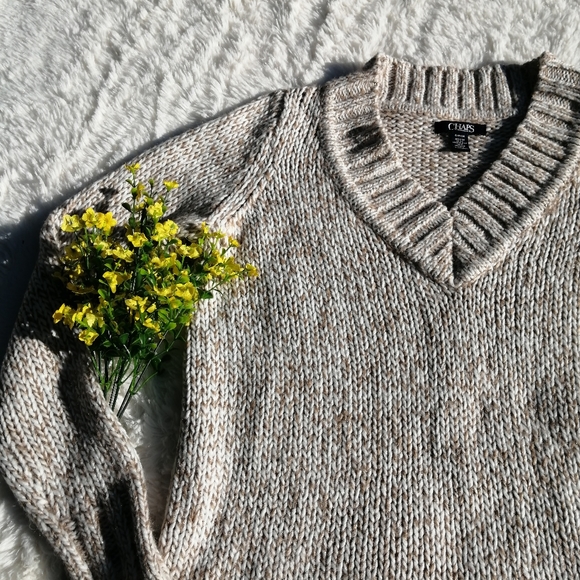 Chaps Knit V Neck Sweater, White and Gold - Picture 2 of 8